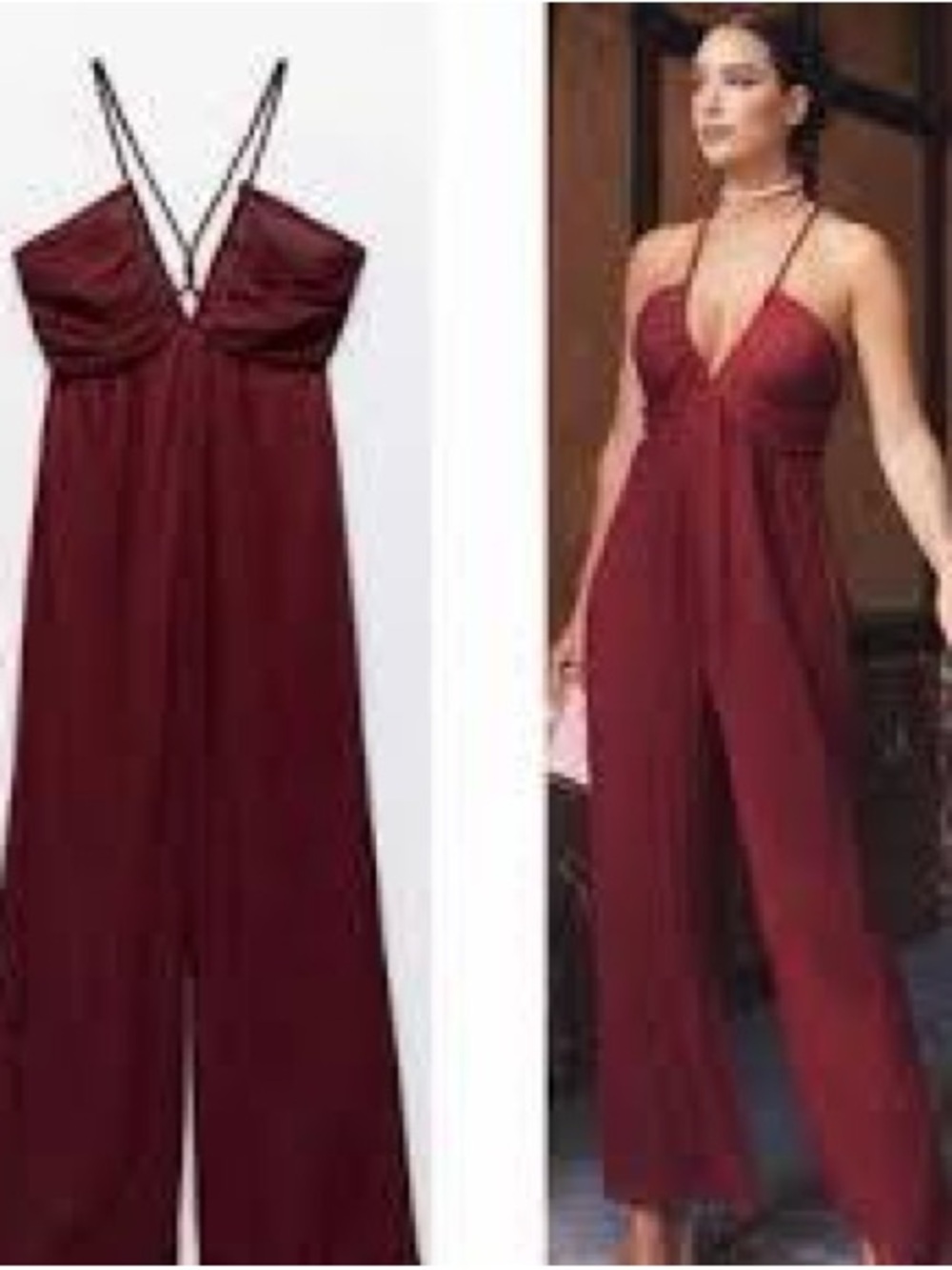 Zara Burgundy Backless Spaghetti-Strap Maxi jumpsuit